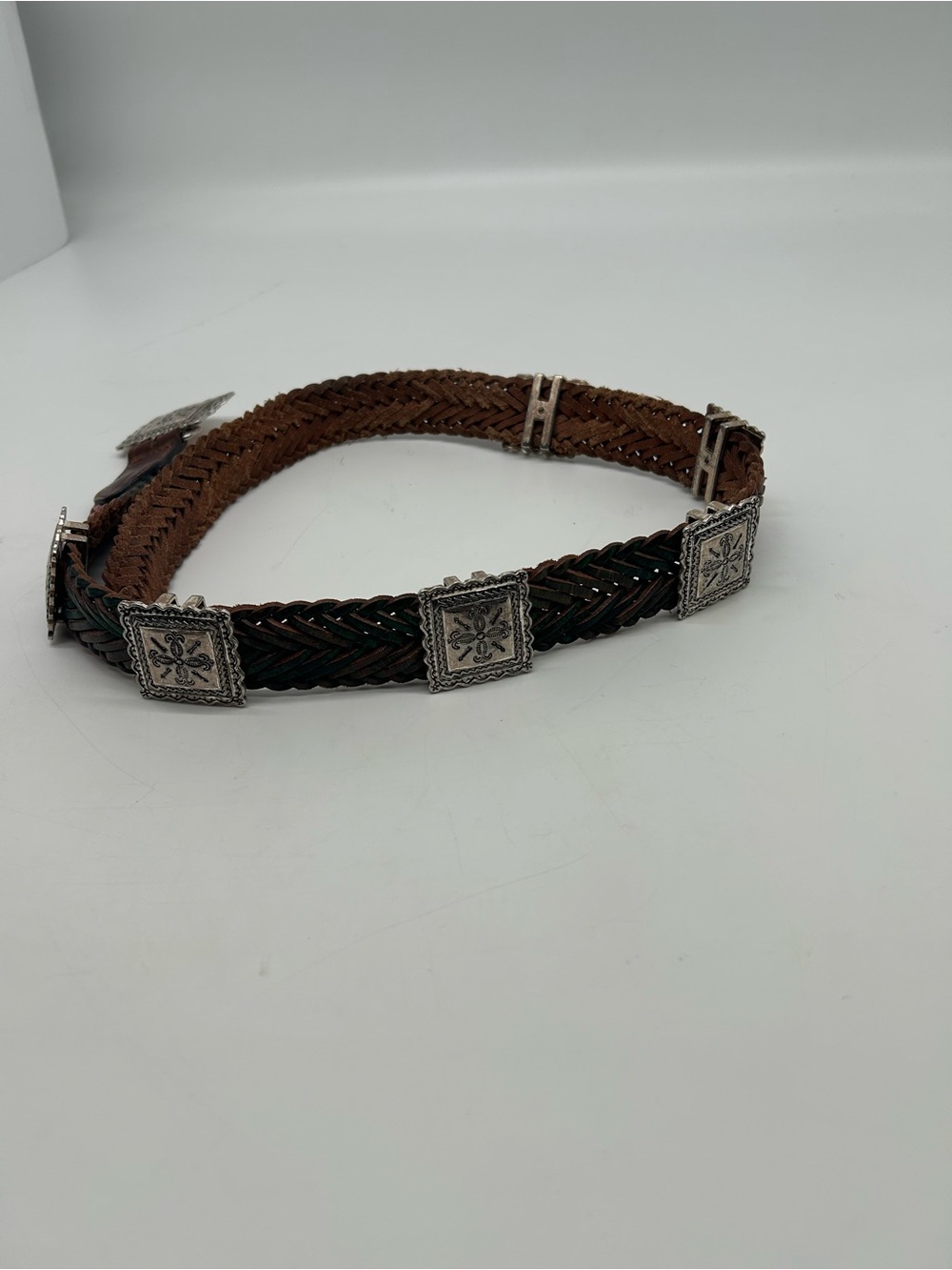 Vintage Braided Brown Red and Green Leather Belt with Silver Accent Squares